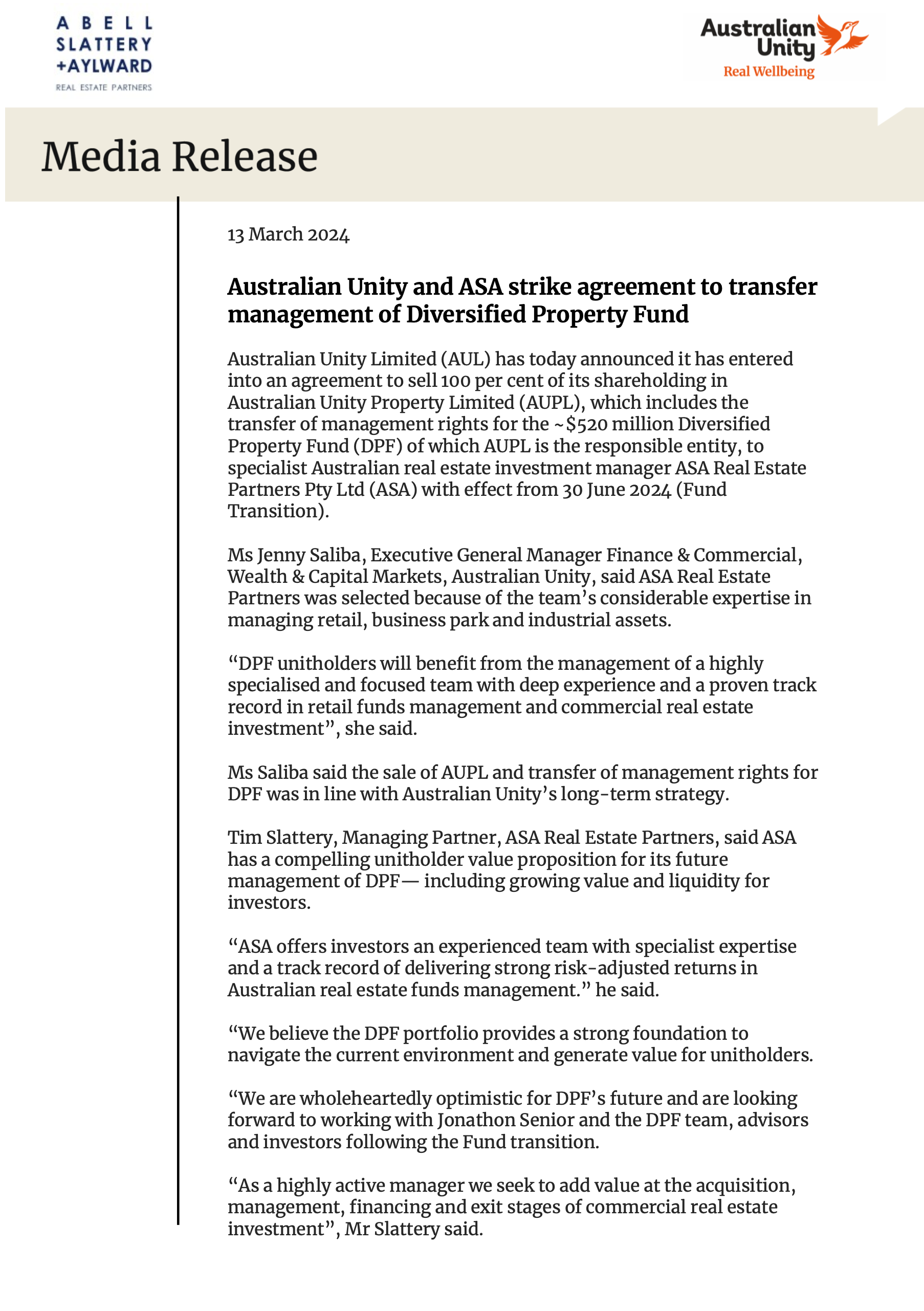 Australian Unity and ASA strike agreement to transfer management of Diversified Property Fund_1